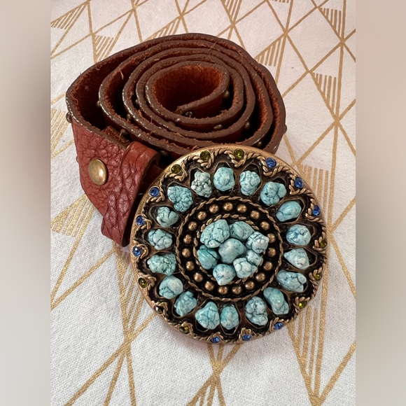 Leatherock Turquoise Stone & Gem Studded Embossed Leather Belt - Picture 1 of 9